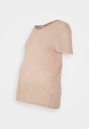 Hellbeiges Umstands-T-Shirt mit kurzen Ärmeln und rundem Ausschnitt, dargestellt auf einem Schaufensterpuppentorso.