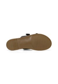 Black sandal with a textured sole, featuring an adjustable strap and slight heel. Smooth upper material with a minimalistic design.