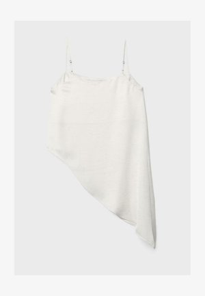 Biely asymetrický top bez rukávov s tenkými nastaviteľnými ramienkami a diagonálnym lemom.
