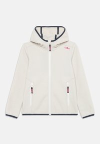 Helle beige Fleecejacke mit Kapuze, durchgehendem Reißverschluss, seitlichen Reißverschlusstaschen und schwarzem Besatz an den Kanten und im Inneren der Kapuze.