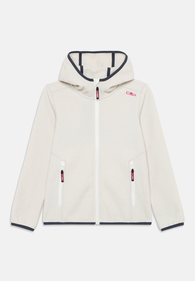 Helle beige Fleecejacke mit Kapuze, durchgehendem Reißverschluss, seitlichen Reißverschlusstaschen und schwarzem Besatz an den Kanten und im Inneren der Kapuze.