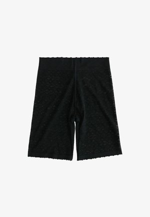 Shorts en dentelle noirs mi-cuisse avec un motif floral et des bords festonnés, conçus pour un ajustement près du corps et une taille haute.