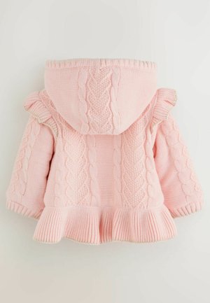 Rosa, gestrickte Kapuzenjacke mit Zopfmuster, geripptem Saum und Rüschendetails. Weicher Stoff und lange Ärmel.