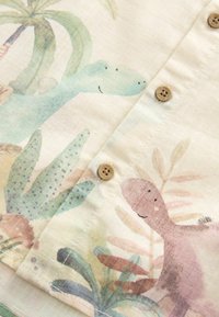 Gros plan sur un tissu de chemise avec des dinosaures pastel peints, des plantes et de petits boutons beiges avec le texte « next ».