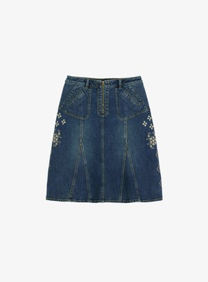 Dunkelblaue Jeansrock mit taillierten Bund, zwei schrägen Taschen, dekorativer floralem Stickerei an den Seiten und einem schwingenden Schnitt.
