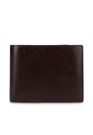 Dark brown leather bi-fold wallet with subtle texture and stitched edges, shown closed on a white background.