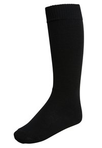 Chaussettes noires montant jusqu'au genou en matière ribbée. Elles présentent une finition côtelée en haut et un corps lisse, conçues pour le confort et la durabilité.