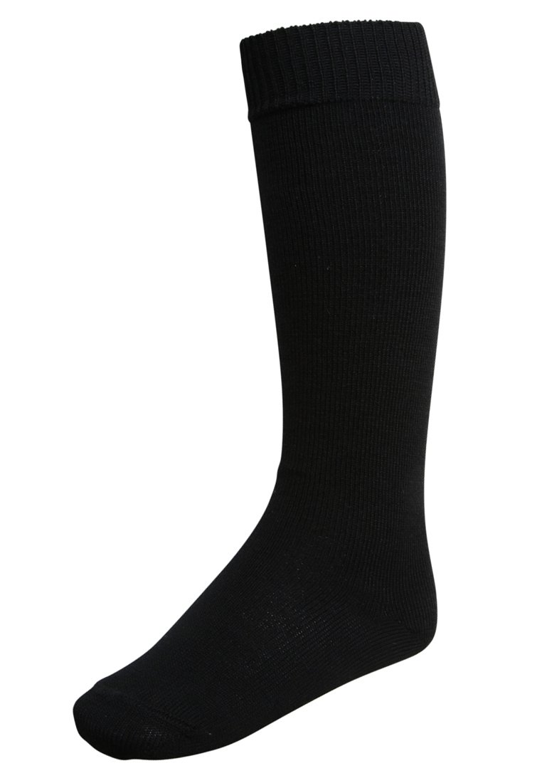 Chaussettes noires montant jusqu'au genou en matière ribbée. Elles présentent une finition côtelée en haut et un corps lisse, conçues pour le confort et la durabilité.