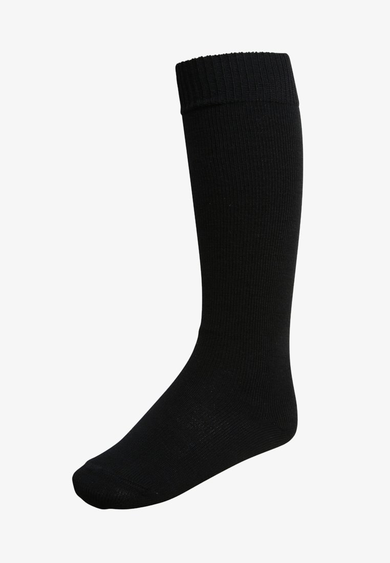 Calzino nero fino al ginocchio realizzato in materiale a costine. Presenta un polsino testurizzato e un corpo liscio, progettato per comfort e durata.