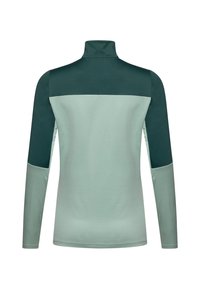 Langarmshirt mit hohem Kragen; hat einen teal oberen Abschnitt und einen hellmintfarbenen unteren Abschnitt; glatte Textur und sportliche Passform.