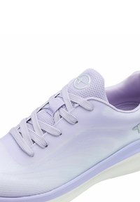 Light purple athletic shoe with mesh and smooth synthetic materials, rounded toe, flat laces, and subtle branding on the side.