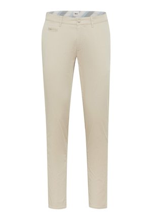 Beige slim-fit pants made of smooth cotton fabric with a flat front, standard pockets, and a checkered pattern on the inner waistband.