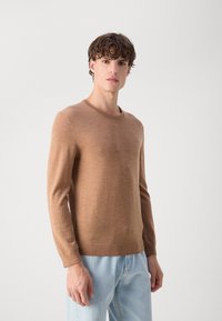 Brown long-sleeve sweater with a crew neckline, knitted texture, and ribbed cuffs, paired with light blue jeans.