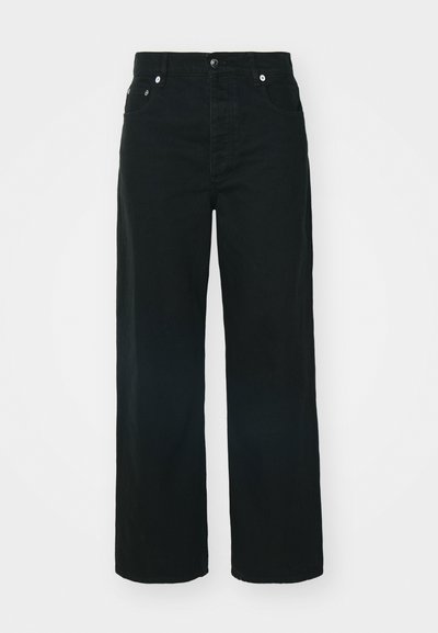 Čierne široké denimske nohavice s vysokým pásom, s prednými vreckami, zapínaním na gombík a jemnými švovými detailami.