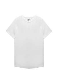 Hvid kortærmet t-shirt lavet af glat stof, med rund halsudskæring og raglanærmer. Sømmefri design uden mønstre.