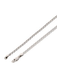 Hopeaketju hopeanhohtoisesta metallista, jossa on monimutkainen linkkimuotoilu ja jossa on rapu-tyylinen lukko toisessa päässä sekä sileät ja pyöristetyt linkit kauttaaltaan.