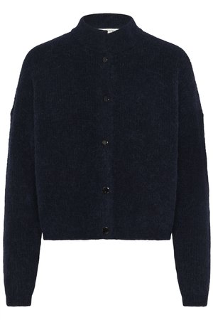 Navy blue, cropped cardigan with a high neckline, featuring a textured knit fabric and six black buttons down the front.