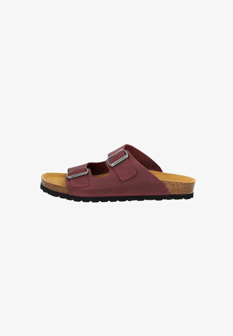 Bordeaux open-toe sandaal met twee verstelbare banden, kurken voetbed en getextureerde zwarte rubberen zool. Voorzien van zilverkleurige gespen.