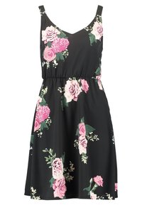 Čern dresses s růžovými květinovými vzory, vybavená výstřihem do V, tenkými ramínky a elastickým pasem pro přiléhavý vzhled. Měkká textilie.