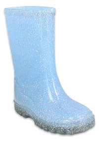 Botte de pluie pailletée bleu clair en caoutchouc brillant, avec une texture lisse, un bout arrondi et une finition transparente scintillante.