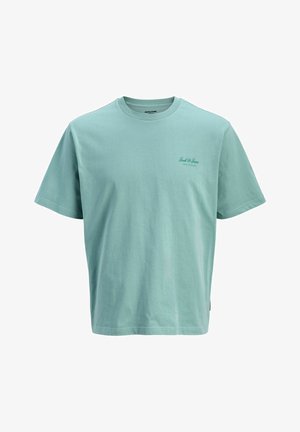 T-shirt en coton vert menthe avec un col rond, des manches courtes, et un petit logo en vert foncé sur la poitrine. Texture lisse.