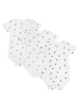 Trois bodys en coton blanc à manches courtes, présentant des motifs imprimés noirs d'insectes et de soleils, avec des fermetures à pression à l'entrejambe.