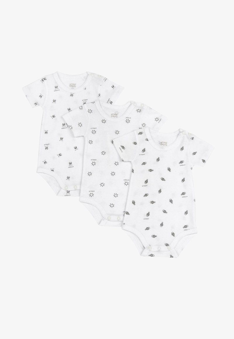 Trois bodys en coton blanc à manches courtes, présentant des motifs imprimés noirs d'insectes et de soleils, avec des fermetures à pression à l'entrejambe.
