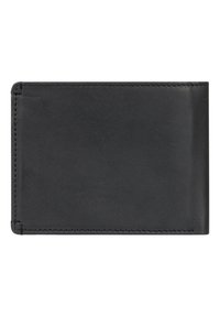 Black leather wallet with a smooth texture, rectangular shape, and rounded corners. Features minimal stitching along the edges.