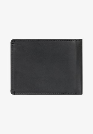 Sort læderpung med en glat overflade, rektangulær form og afrundede hjørner. Har minimal syning langs kanterne.