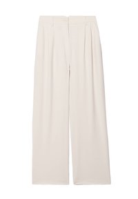 Pantalons larges crème avec un devant plat, des plis et une fermeture à un bouton. Fabriqués à partir d'un tissu lisse avec une drapé subtil.