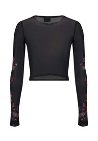 Černý síťovaný crop top s dlouhým rukávem a květinovou výšivkou na rukávech. Má kulatý výstřih a přiléhavý střih.