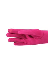 Guanto di suede rosa con un piccolo ricamo di un fiore sul dito indice, palmo rivolto verso il basso su uno sfondo bianco.