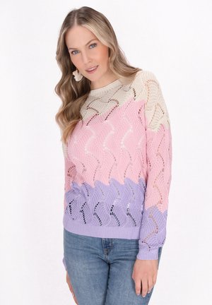 Gebreide trui met een golfpatroon in pastelroze, crème en lavendel. Open geweven ontwerp met een ribbelzoom en mouwen.