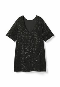 Rochie neagră cu paiete, cu decolteu adânc în V și mâneci scurte, având o suprafață texturată și croială lejeră, concepută pentru un aspect stratificat.