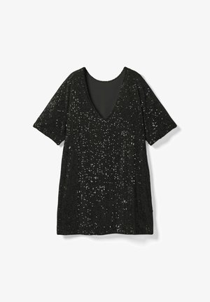 Sort palietteret kjole med dyb V-hals og korte ærmer, med en struktureret overflade og løs pasform, designet til et lagdelt look.