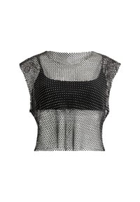 Czarny siatkowy crop top z geometrycznym wzorem, z krótkimi rękawami i teksturowanym wykończeniem, nadającym lekki wygląd.