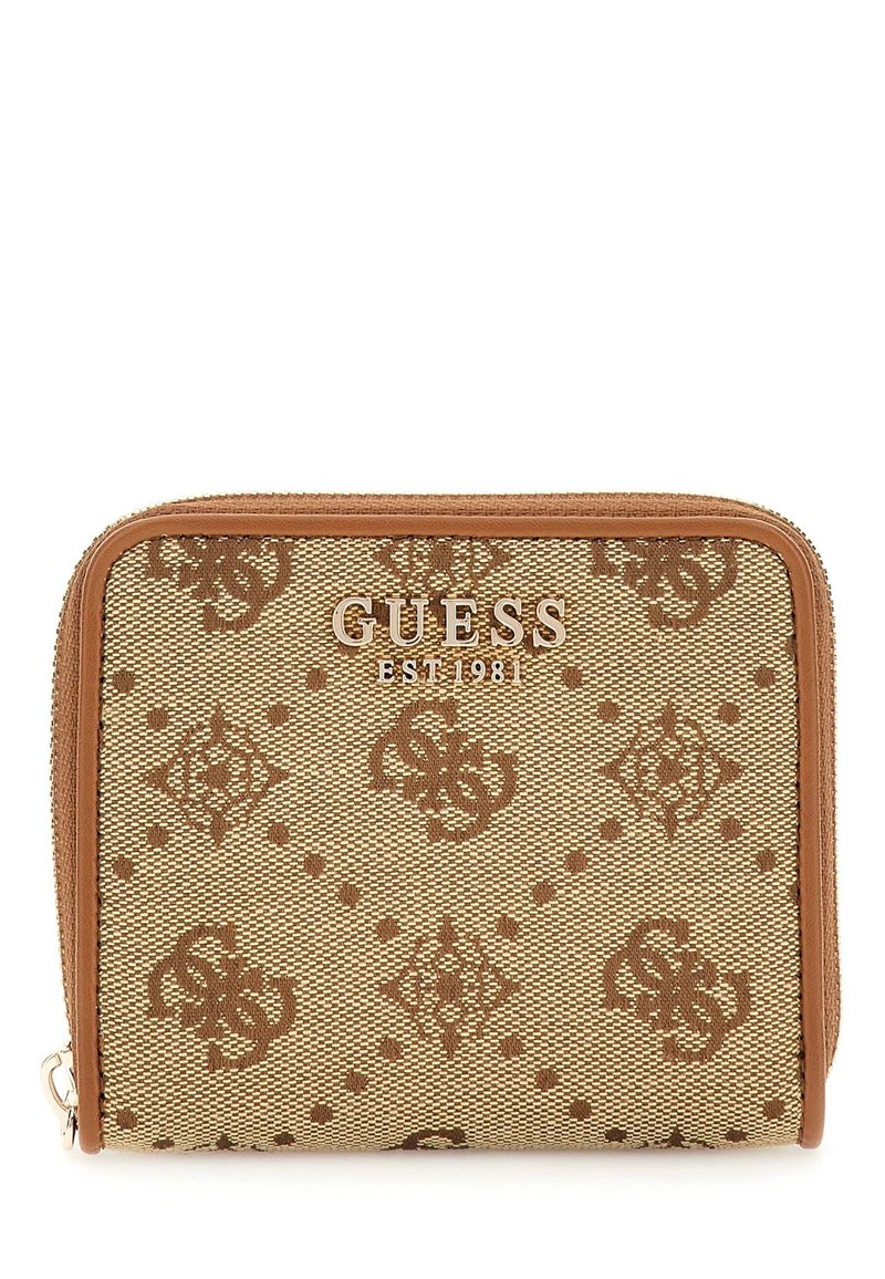 Brown patterned wallet featuring a gold logo on canvas with a tan zip closure and accents. Compact rectangular shape with textured surface.