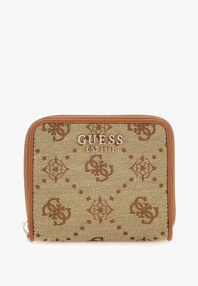 Brown patterned wallet featuring a gold logo on canvas with a tan zip closure and accents. Compact rectangular shape with textured surface.