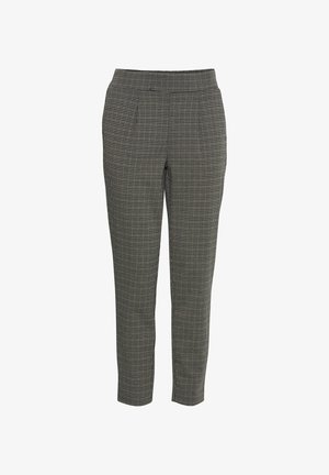 Pantaloni cu model houndstooth în alb și negru, cu un design cu picior tapered, talie fără închideri vizibile și buzunare laterale.