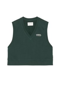 Zielony bezrękawnik w stylu crop top z dekoltem w kształcie litery V, wykonany z miękkiego materiału; posiada małe białe logo z przodu oraz prążkowane wykończenie.
