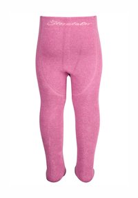 Leggings rosa per bebè a costine con copriscarpe, caratterizzati da un dettaglio sobrio con logo bianco sulla vita alta.