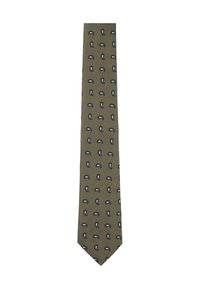 Cravate vert olive à texture côtelée, ornée de petits motifs paisley bleu marine. Forme classique étroite avec une pointe.
