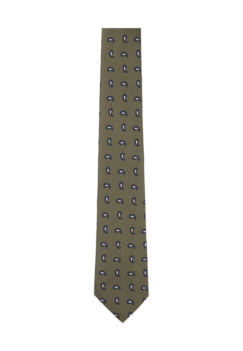 Cravate vert olive à texture côtelée, ornée de petits motifs paisley bleu marine. Forme classique étroite avec une pointe.