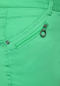 Pantaloni in tessuto verde con tasca laterale con zip e hardware argentato, texture liscia e dettagli di cucitura a contrasto.