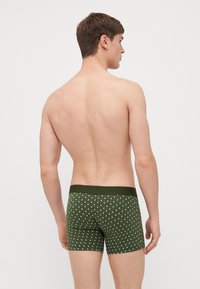 Zöld boxeralsó világoszöld geometrikus mintával. Gumis derékpánt, testhezálló kialakítás és puha szövettextúra.