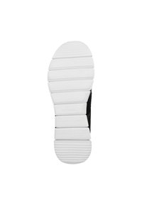 Semelle de chaussure en caoutchouc blanc texturé avec des rainures et sections horizontales. Bord supérieur noir avec une légère courbure.
