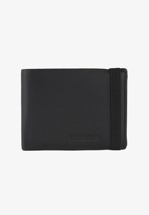 Cartera de cuero negro con superficie texturizada, cierre con banda elástica, logo de la marca en relieve en el frente y diseño de doble pliegue.