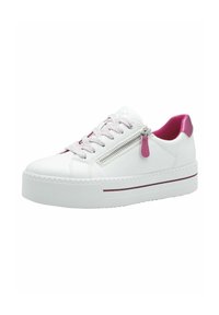 White platform sneakers with a smooth leather exterior, pink accents on the heel and zipper, and sparkly laces. Features a textured sole.