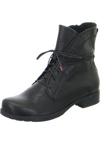 Schwarze Leder-Ankle-Boots mit runder Zehenform, Schnürverschluss, genähten Details und einem niedrigen Blockabsatz. Glatte Textur mit matter Oberfläche.