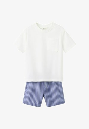 White short-sleeve t-shirt with chest pocket paired with blue and white vertical striped shorts.